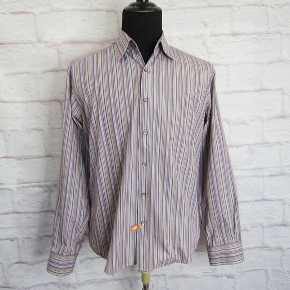 Like No Other Men’s Flip Cuff Purple Striped Button Down Shirt Size 3, Large - Picture 1 of 9